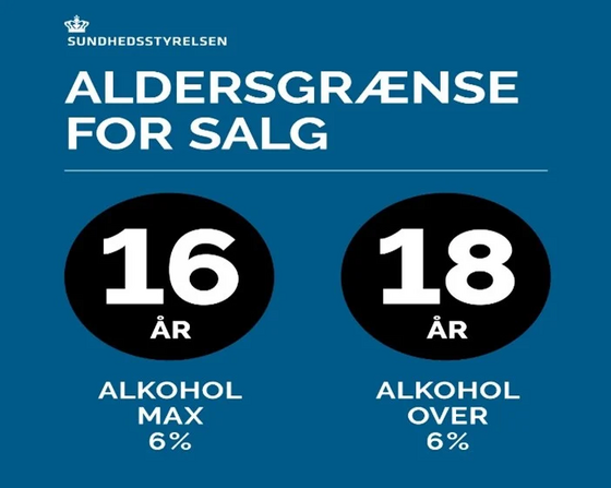 Sundhedsstyrelsen: Aldersgrænse for salg. 16 år for alkohol max 6 %. 18 år for alkohol over 6 %.