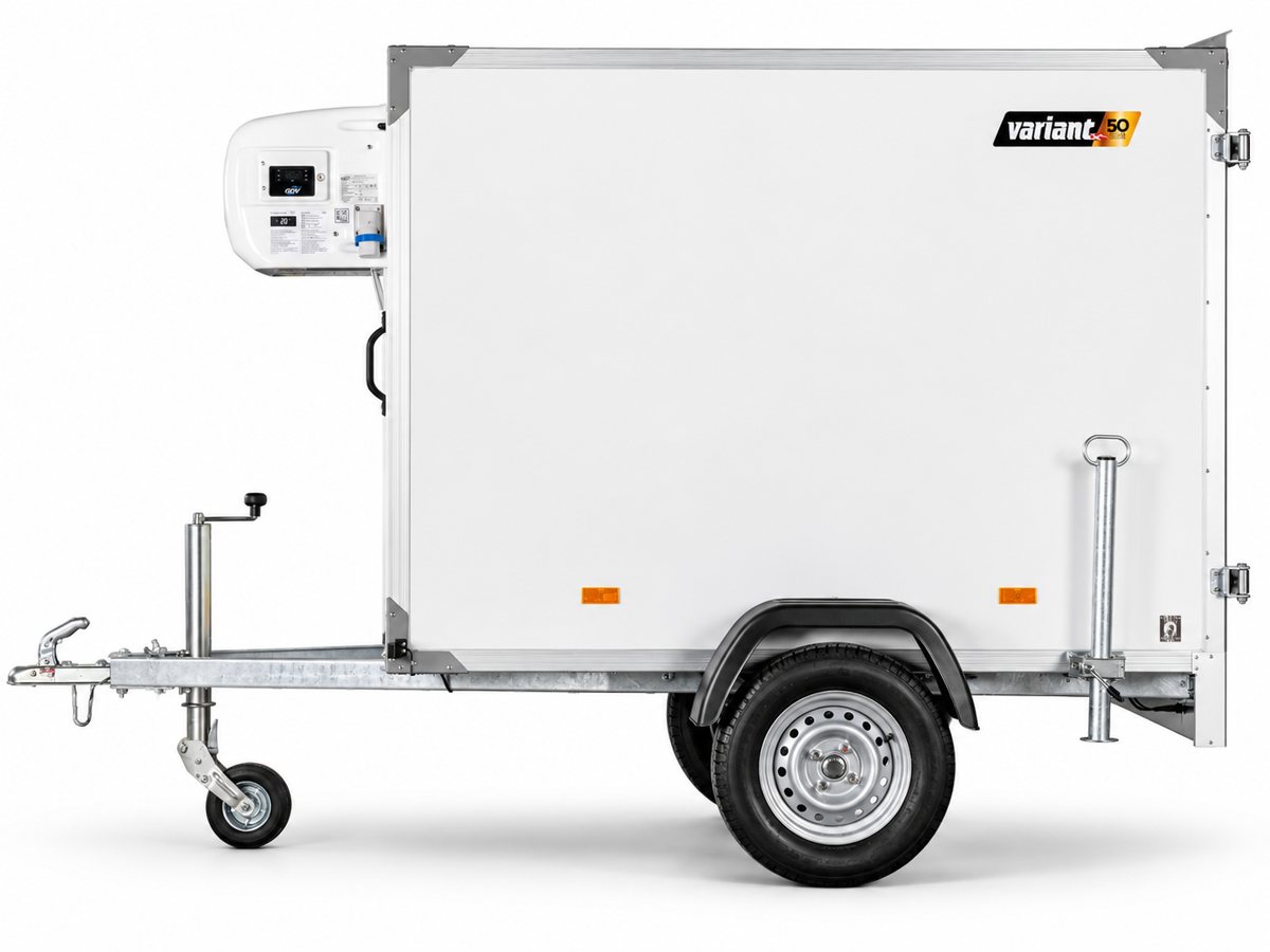 Køletrailer til leje set fra siden med næsehjul og støtteben