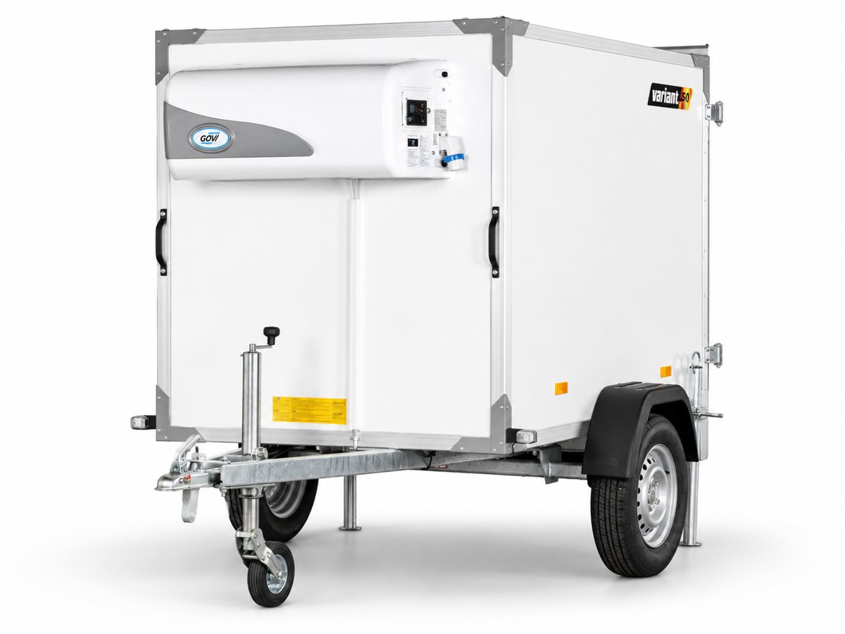 Køletrailer til leje set forfra med køleaggregat og strømstik